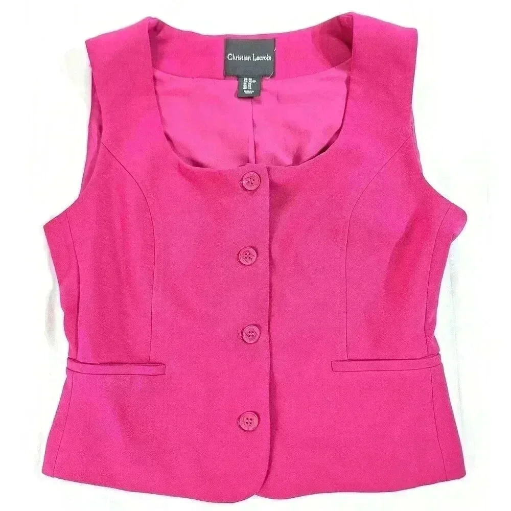 Christian Lacroix Womens Fuchsia Pink Tailored Button Front‎ Vest XS Scoop Neck